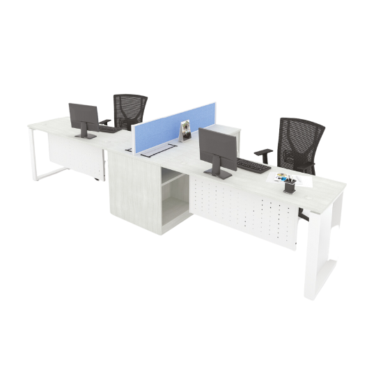 MYND L-Shape 4-Cluster Office Desk with Side Cabinet and Mesh Chairs