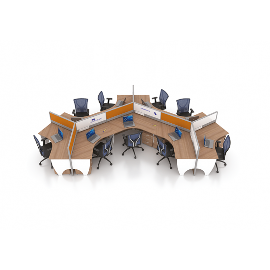 120 Degree Cluster of 9 Workstations with Whiteboard and Fabric Partitions