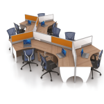 120 Degree Cluster of 9 Workstations with Whiteboard and Fabric Partitions