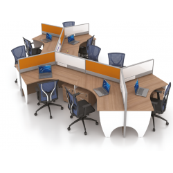 120 Degree Cluster of 9 Workstations with Whiteboard and Fabric Partitions