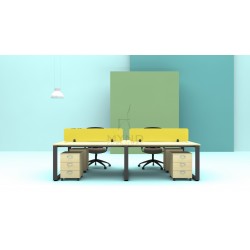 Cluster of 4 Workstation with SQ Base and Fabric Screen Divider, Mobile Pedestal 3D Set
