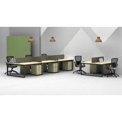 Cluster of 6 Workstation with SQ Base and Fabric Screen Divider, Mobile Pedestal 3D Set